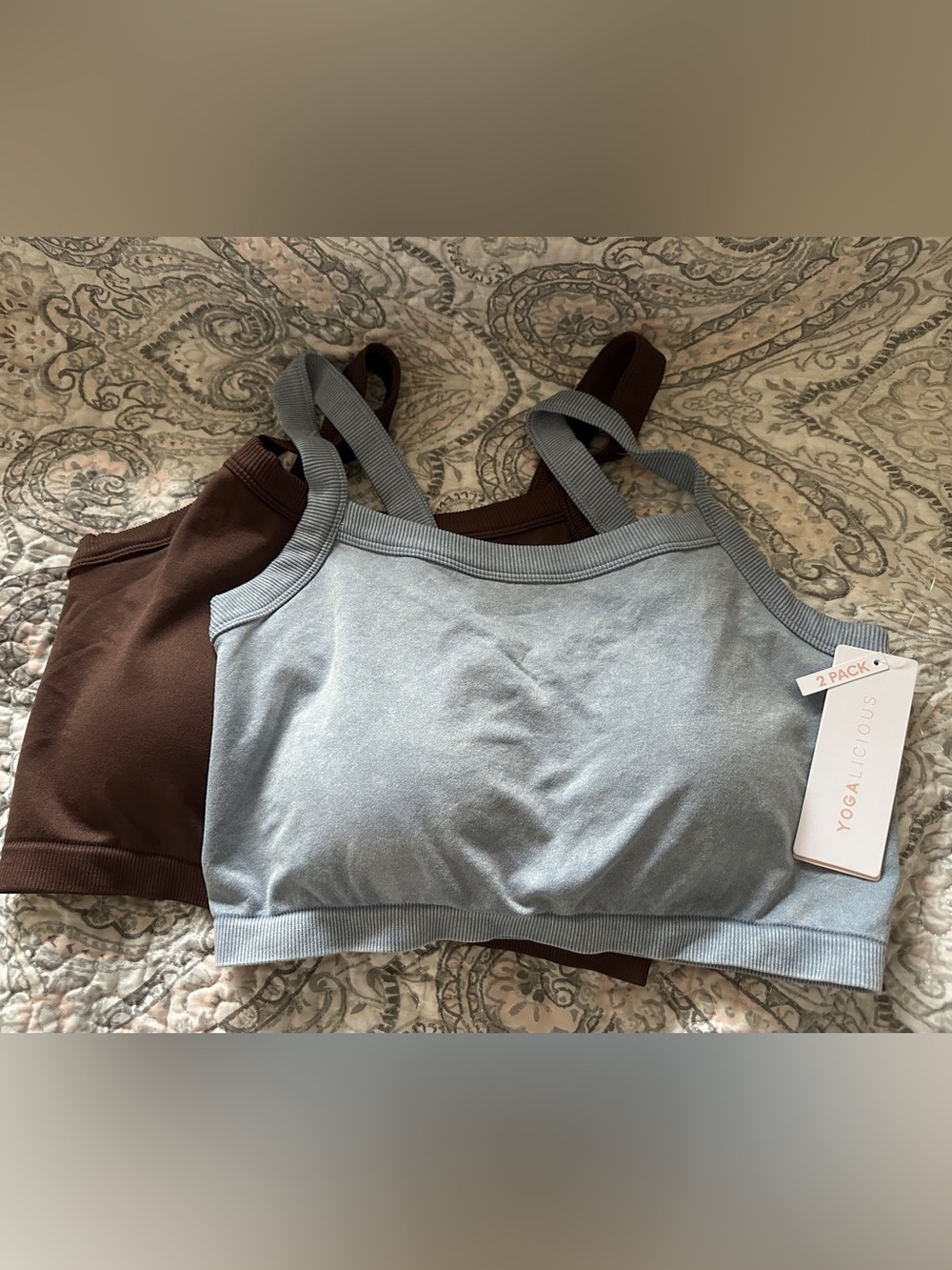 NWT: Yogalicious 2-Pack Seamless Bralettes - Brown & Light Blue WMS size Large